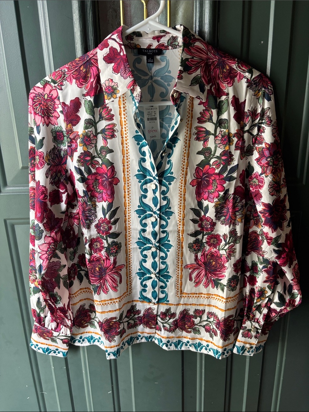 Talbots White Blouse with Pink Floral and Teal Floral Designs